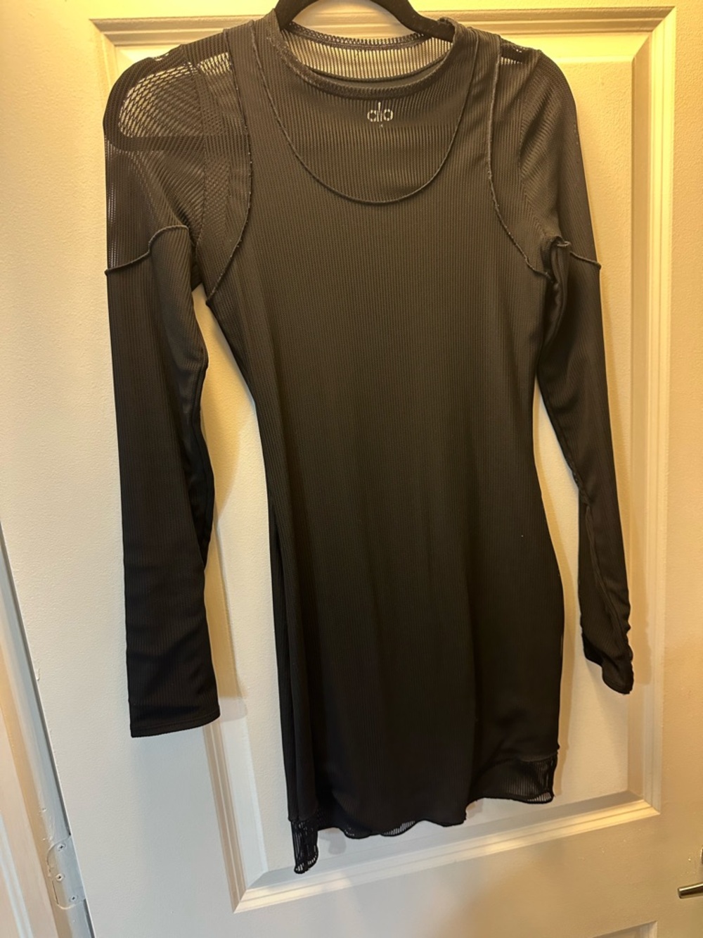 ALO Yoga Black Long-Sleeve Mesh Detail Mini Dress